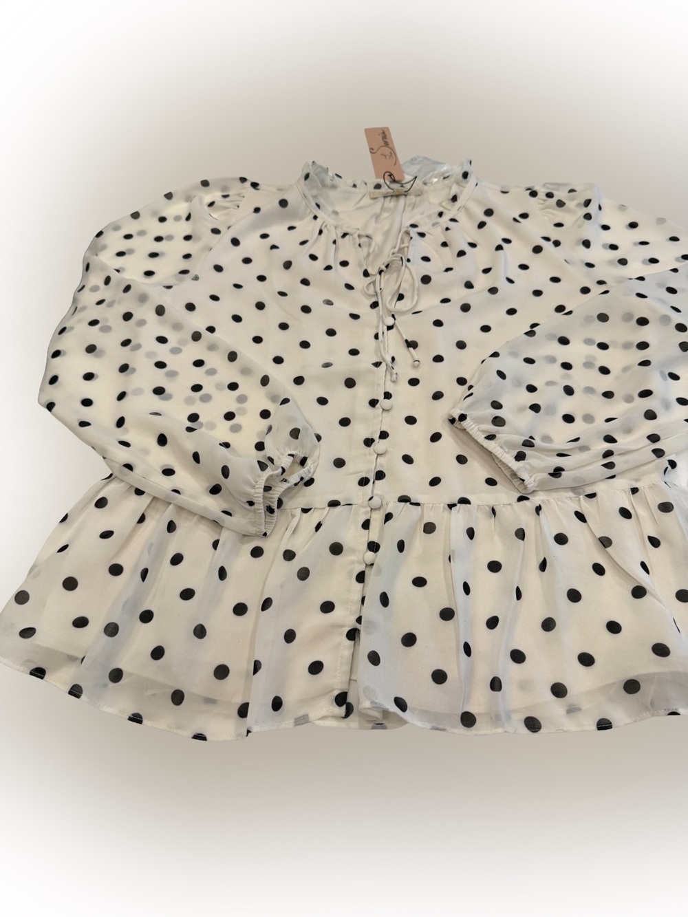 Les Serein Shirt Womens Ivory W/black Polka Dot Button Front Peplum Top NWT